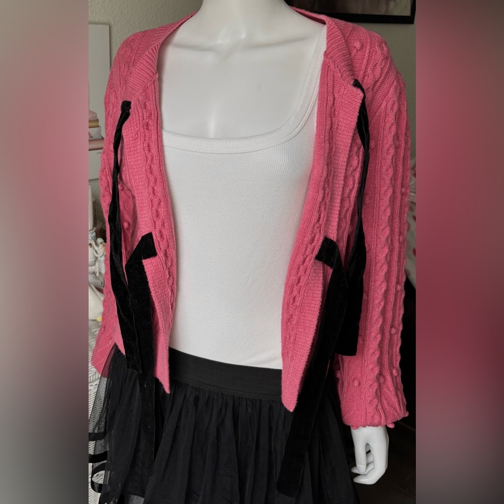 Cider Cardigan Popcorn Cable Knit Buttonless Pink Black Ties Size Juniors XL NWT - Picture 7 of 10